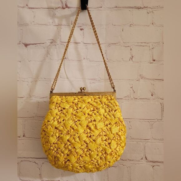 Vtg. Mint '60's Morris Moskowitz Yellow Crocheted Satin Gold Frame Chain Handbag - Picture 1 of 9